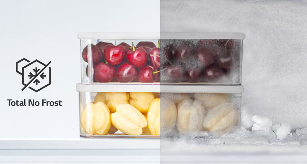 LODÓWKA LG GMM42ABBEH Grafika porównawcza „Total No Frost” – po lewej świeże owoce w pojemniku, po prawej te same produkty pokryte szronem, ilustrujące brak osadzania lodu Total No Frost brak szronu brak rozmrażania równomierne chłodzenie świeżość żywności wygoda