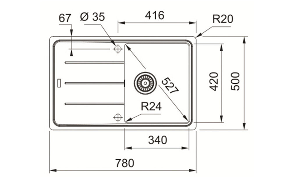 Rysunek techniczny zlewozmywaka z wymiarami. Zawiera oznaczenia R12, R15, oraz 3x pre-drilled.