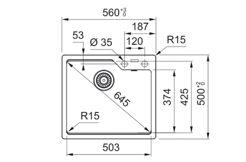 Rysunek techniczny zlewozmywaka z wymiarami: szerokość 590 mm, głębokość 510 mm, oraz otworem o średnicy 35 mm. Zawiera oznaczenia R12, R15, oraz 3x pre-drilled.