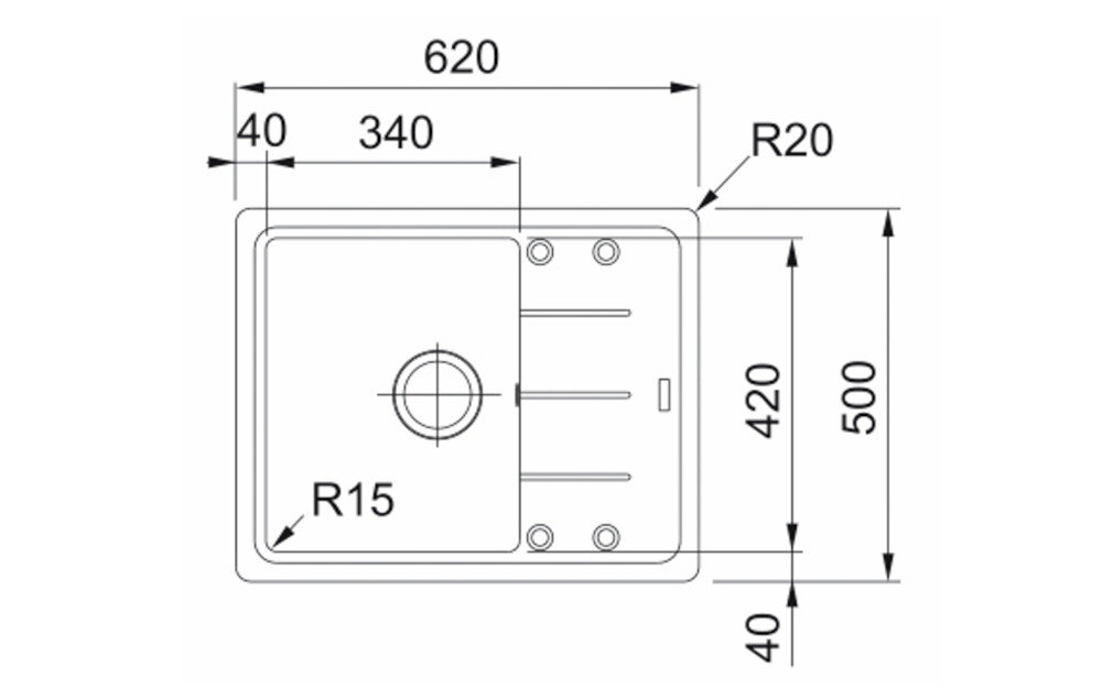 Rysunek techniczny zlewozmywaka z wymiarami. Zawiera oznaczenia R12, R15, oraz 3x pre-drilled.