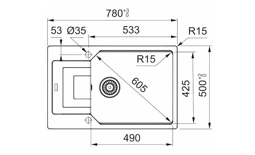 Rysunek techniczny zlewozmywaka z wymiarami. Zawiera oznaczenia R12, R15, oraz 3x pre-drilled.