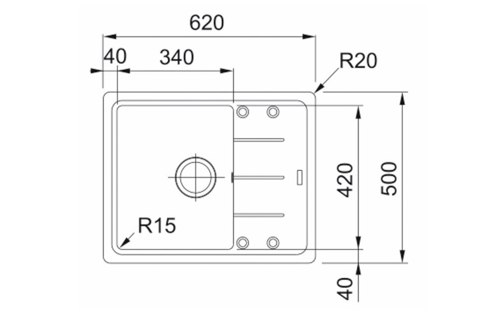 Rysunek techniczny zlewozmywaka z wymiarami. Zawiera oznaczenia R12, R15, oraz 3x pre-drilled.