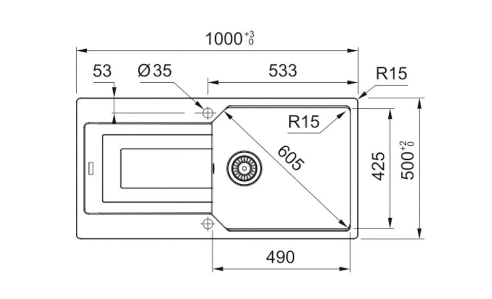 Rysunek techniczny zlewozmywaka z wymiarami. Zawiera oznaczenia R12, R15, oraz 3x pre-drilled.