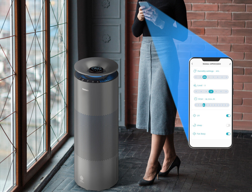 Nawilżacz ewaporacyjny WEBBER Taupe EH9004 Higiena wody i filtracja Wbudowana lampa UV-C filtr ewaporacyjny bezpieczeństwo codziennego użytkowania zdrowe powietrze