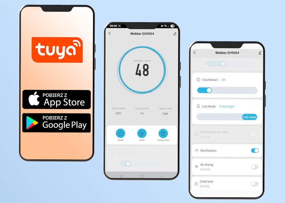 Nawilżacz ewaporacyjny WEBBER Taupe EH9004 Sterowanie z telefonu Wi-Fi trzy sposoby przez aplikację TUYA lub Smart Life, panel dotykowy oraz pilot timer do 12 godzin Zdalna kontrola