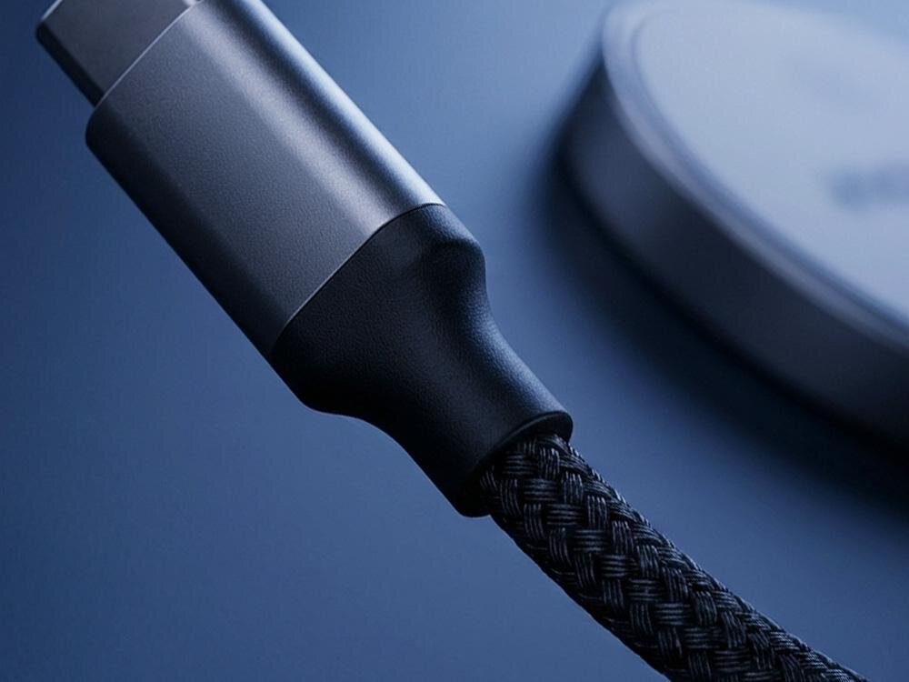 3MK Incharge Align 25 W sprzęcie turystycznym 1 metra zintegrowany kabel USB-C zabezpieczono solidnym, nylonowym oplotem zasilaczami sieciowymi i powerbankami - zbliżenie na kabel w oplocie