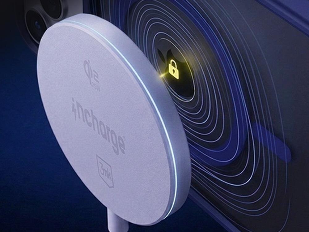 Na obrazie widoczna jest biała ładowarka indukcyjna z napisem \'incharge\' oraz logo \'3mk\'. W tle znajduje się telefon z ikoną kłódki otoczoną falami elektromagnetycznymi.