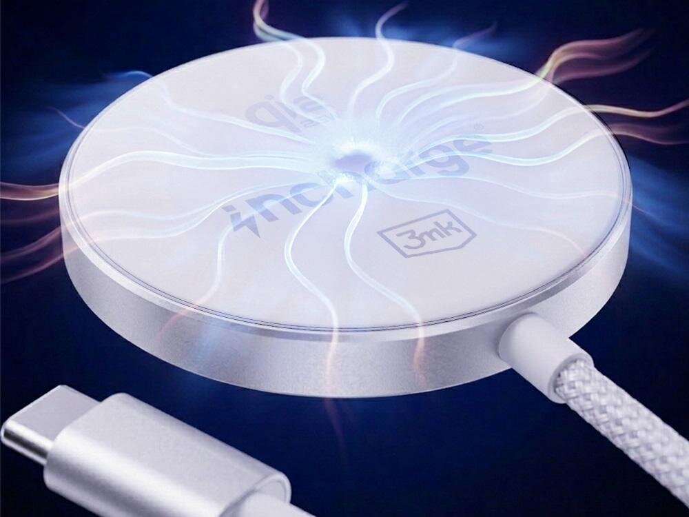 Na obrazie widoczna jest okrągła ładowarka indukcyjna z napisem \'incharge\' i logo \'3mk\'. Ładowarka jest podłączona do kabla USB-C, a wokół niej widoczne są efekty świetlne.