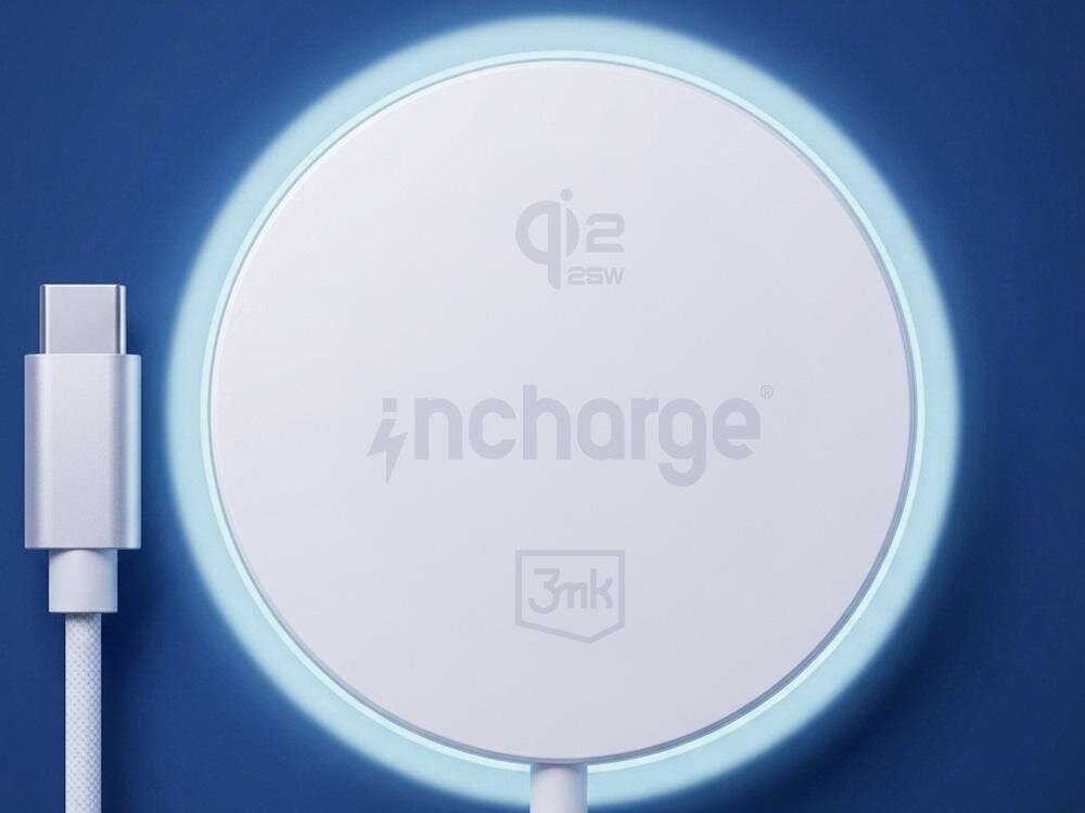 Biała ładowarka indukcyjna z napisem \'incharge\' oraz logo \'3mk\'. Widoczny jest także tekst \'Qi2 25W\'.