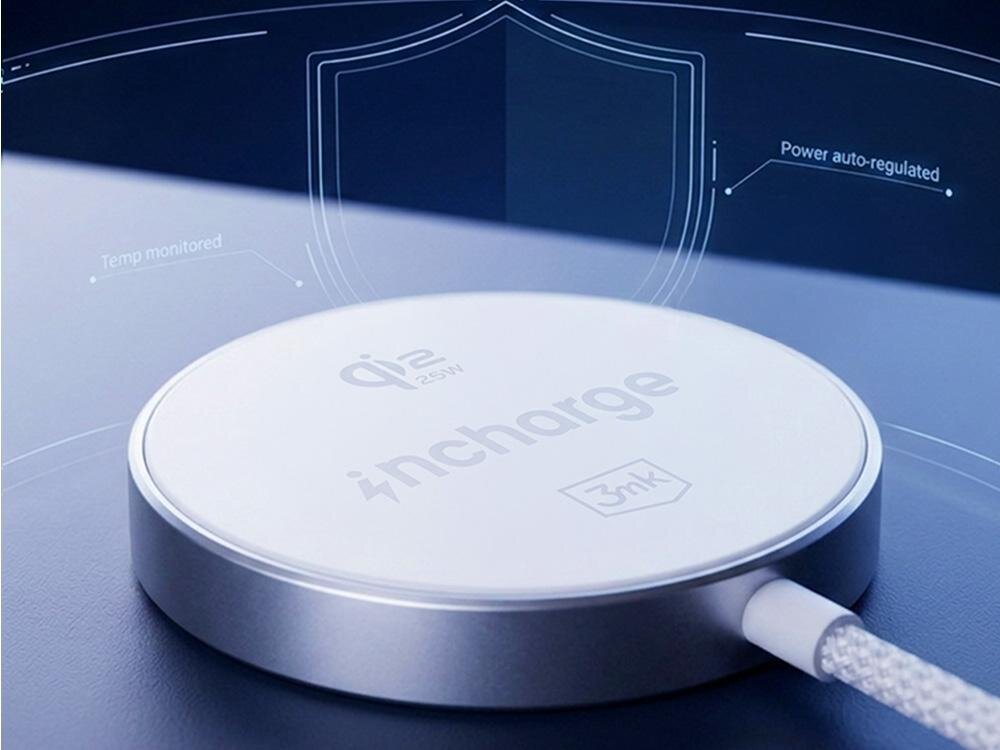Na obrazie widoczna jest biała ładowarka indukcyjna z napisem \'incharge\' oraz logo \'3mk\'. W tle znajdują się napisy: \'Qi2 25W\', \'Temp monitored\' i \'Power auto-regulated\'.