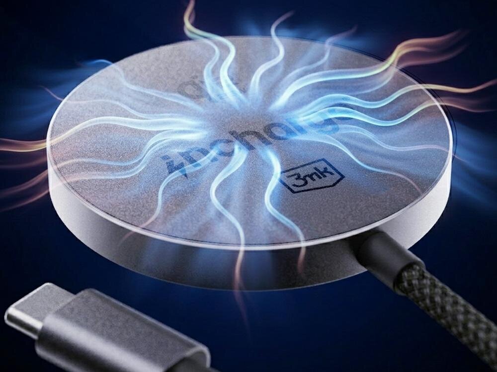 Okrągła ładowarka indukcyjna z efektem świetlnym na powierzchni, z widocznym logo \'3mk\'. Obok znajduje się kabel z końcówką USB-C.