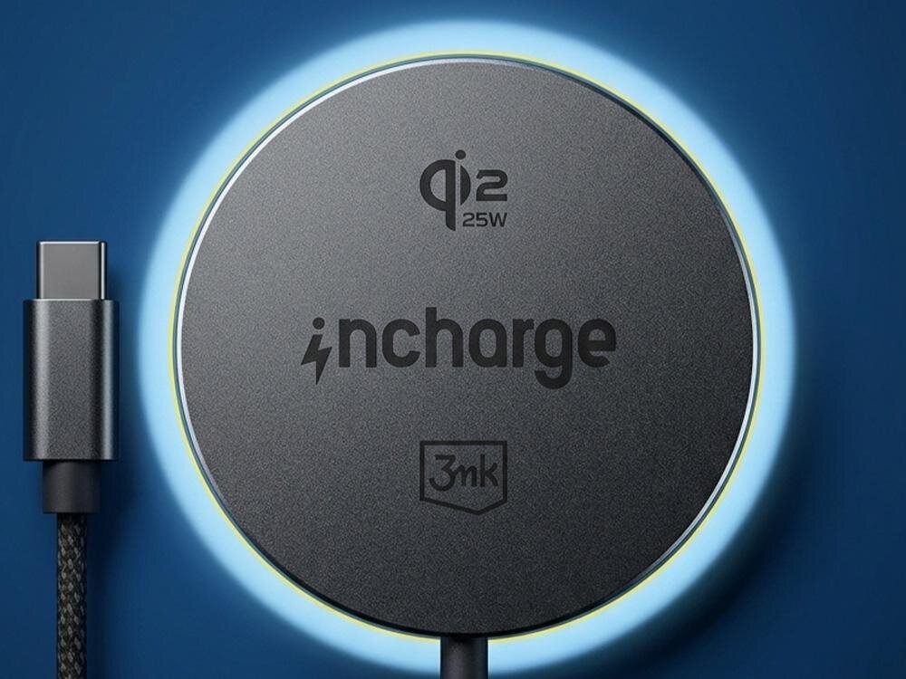 Na obrazie widoczna jest czarna ładowarka indukcyjna z napisem \'incharge\' oraz logo \'3mk\'. Widoczny jest również symbol \'Qi2 25W\'.