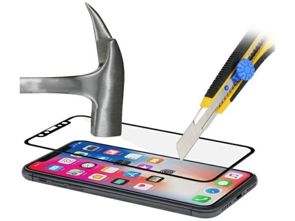 Szkło hartowane BELINE 5D do Samsung Galaxy S26 Ultra, uderzenia, upadki, kompatybilne, dopasowanie, na białym tle wizualizacja uderzeń młotkiem w szkło oraz próba zarysowania szkła nożem do tapet