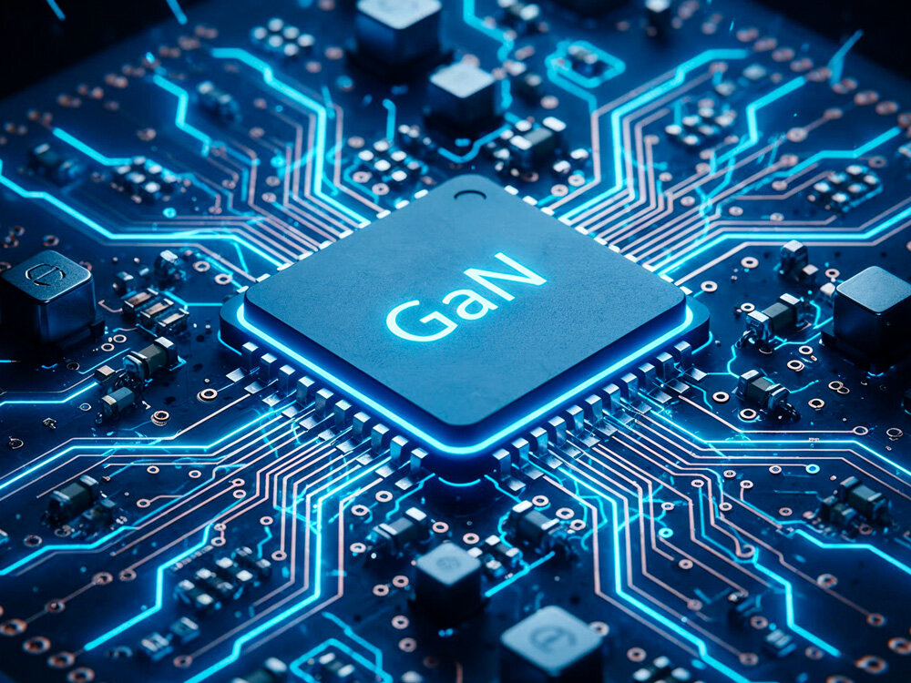 Wnętrze ładowarki z widocznym zaawansowanym mikroprocesorem technologii GaN (azotek galu).