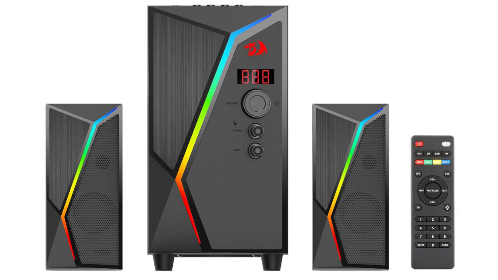 REDRAGON GS520 Anvil Pro 2.1 RGB Bluetooth 5.0 USB-C AUX kompatybilność, głośniki z subwooferem od frontu na białym tle