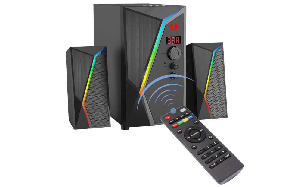 REDRAGON GS520 Anvil Pro 2.1 RGB podświetlenie LED 5 trybów, głośniki z subwooferem oraz pilotem po skosie na białym tle