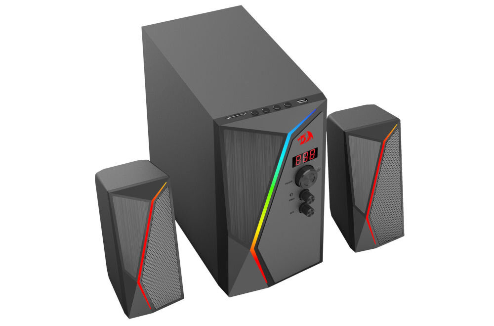 REDRAGON GS520 Anvil Pro 2.1 RGB pilot zdalnego sterowania, głośniki z subwooferem po skosie z góry na białym tle