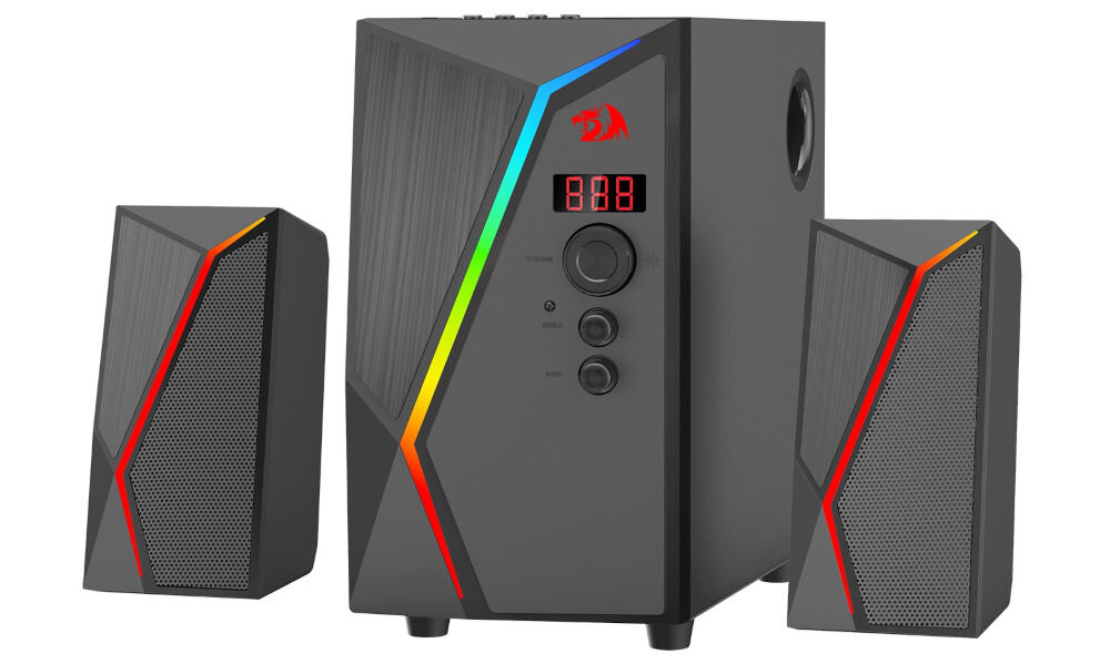REDRAGON GS520 Anvil Pro 2.1 RGB kompaktowe wymiary subwoofer i satelity, głośniki z subwooferem po skosie na białym tle