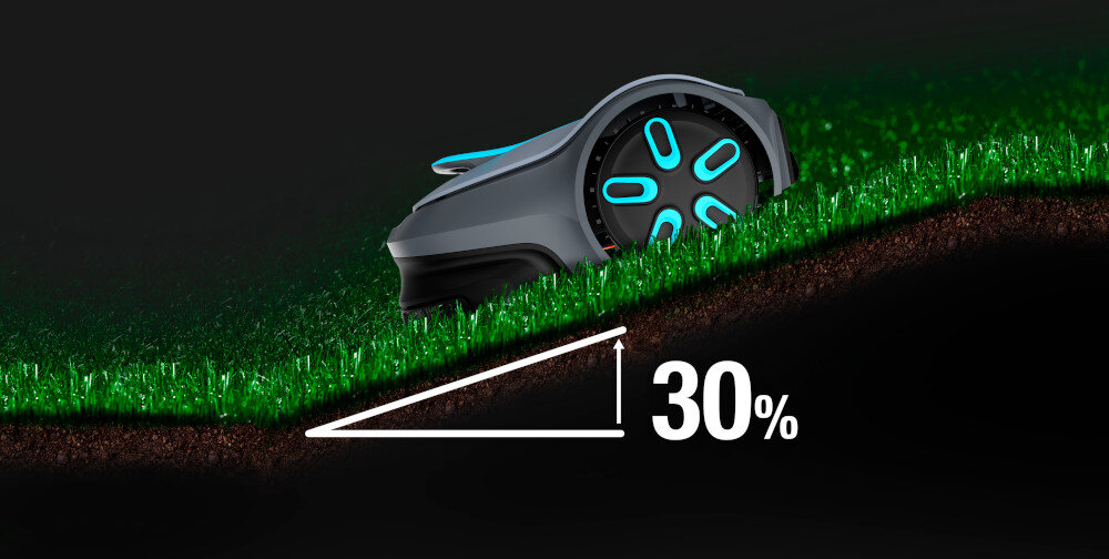 Robot koszący GARDENA Smart Sileno Free 600 19921-32 sterowanie Wi-Fi robot stoi na trawie trawnik pod skosem kosi trawniki o nachyleniu do 30% wewnątrz obszaru roboczego i do 15% przy przewodzie ograniczającym system napędowy algorytmy nawigacyjne płynne poruszanie się po nierównościach terenu