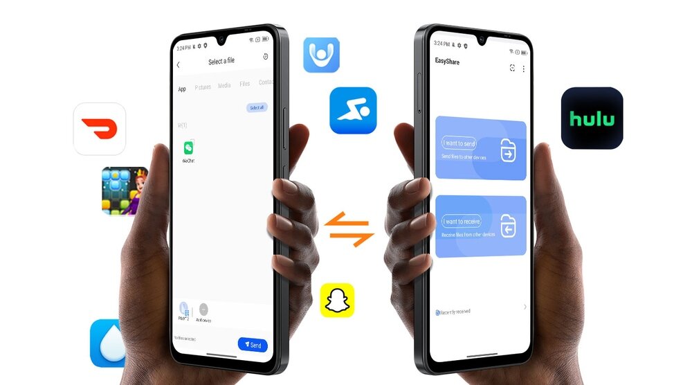 Dwa smartfony trzymane w dłoniach, na ekranach widoczne aplikacje do przesyłania plików. W tle ikony aplikacji, takie jak Snapchat i Hulu.