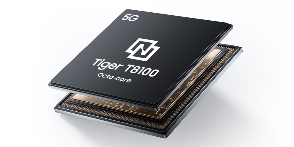 Obraz przedstawia procesor z napisem \'5G Tiger T8100 Octa-core\'. Widoczna jest również struktura wewnętrzna procesora.