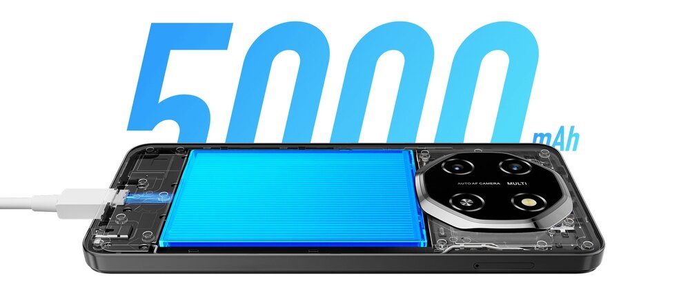 Obraz przedstawia smartfon z widocznym wnętrzem, w tym dużą niebieską baterią. W tle znajduje się napis \'5000 mAh\'.