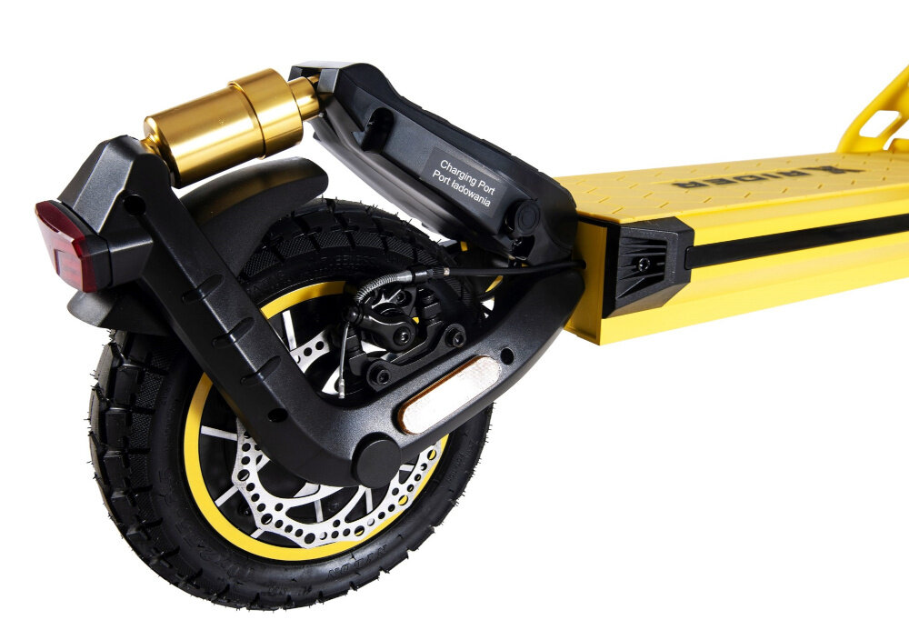 Hulajnoga elektryczna XRIDER F10 Czarno-żółty najwyzszy poziom bezpieczenstwa mocny hamulce tarczowe stabilnosc pelna kontrola duza sila hamowania po nacisnieciu hamulca silnik elektryczny automatycznie odlacza zasilanie natychmiastowe inicjowanie skutecznego bezpiecznego hamowania