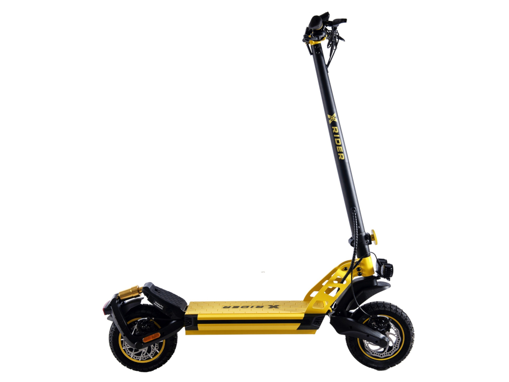 Hulajnoga elektryczna XRIDER F10 Czarno-żółty przyjazna dla srodowiska zasilana akumulatorem nie emituje niebezpiecznych substancji system KERS odzyskiwanie energii kinetycznej podczas hamowania bateria starcza na dluzej wiekszy zasieg