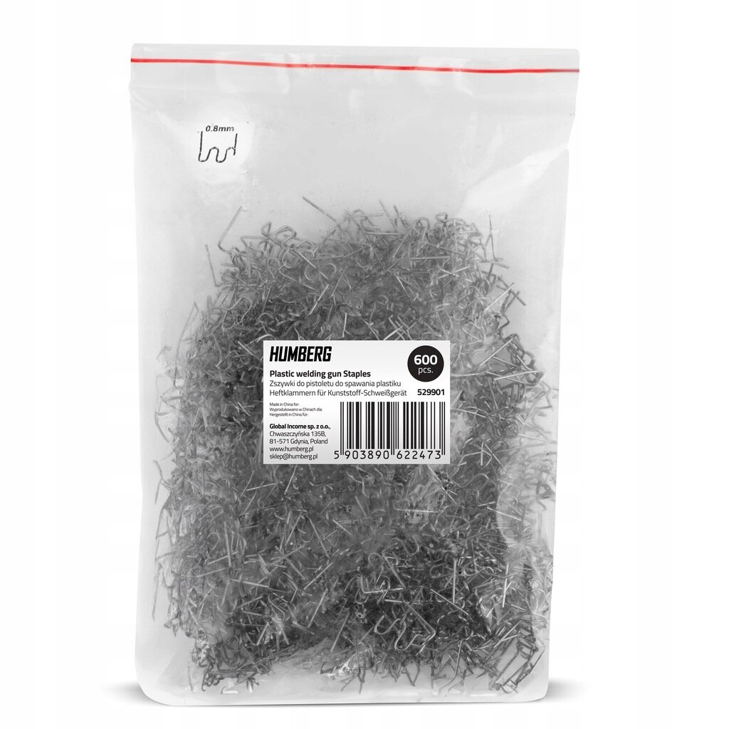 Przezroczysta torebka z metalowymi zszywkami, oznaczona etykietą z napisem \'HUMBERG Plastic welding gun Staples Zszywki do pistoletu do spawania plastiku 600 PCS. 5219901\'.