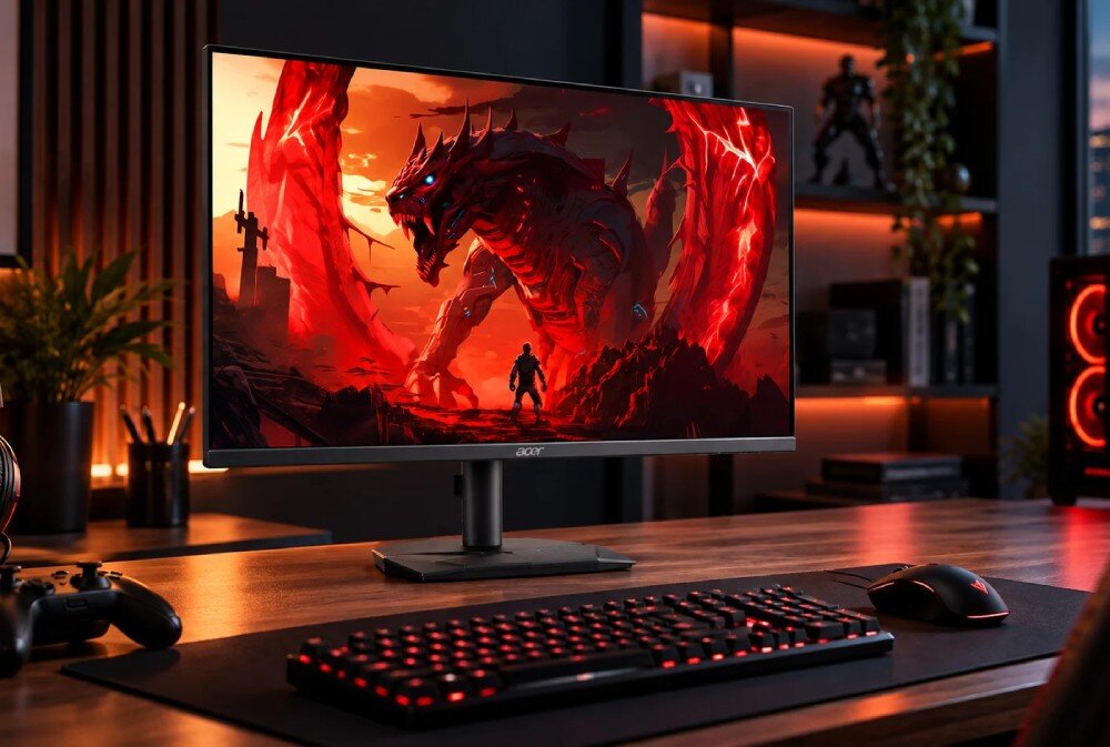 Monitor ACER Nitro KG240YP0bi Monitor z grafiką potwora stoi na drewnianym biurku obok klawiatury, myszki oraz kontrolera do gier