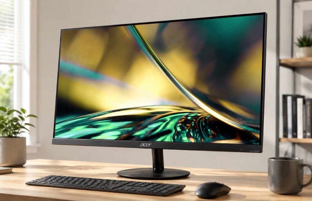 Monitor ACER SA322QHbip Monitor stojący na drewnianym biurku obok klawiatury, myszki i kubka, z widocznym tłem jasnego pokoju, wyświetlający abstrakcyjną grafikę z falami