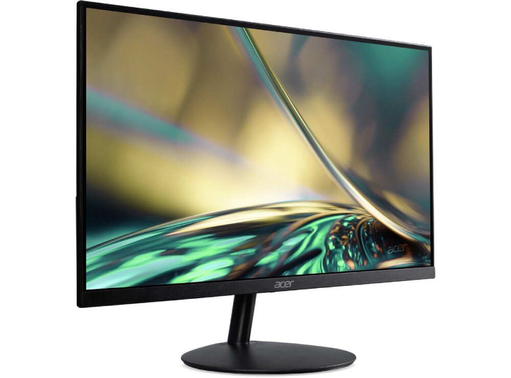 Monitor ACER SA322QHbip Monitor na okrągłej podstawie pokazany pod kątem na białym tle, wyświetlający wielobarwną, płynną grafikę z motywem falistych linii