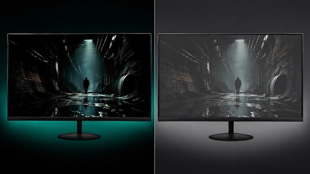 Monitor ACER SA322QHbip Porównanie dwóch ekranów pokazujących ciemny tunel, gdzie lewy obraz ma wyższy kontrast i poświatę pod obudową, a prawy jest bardziej szary i matowy