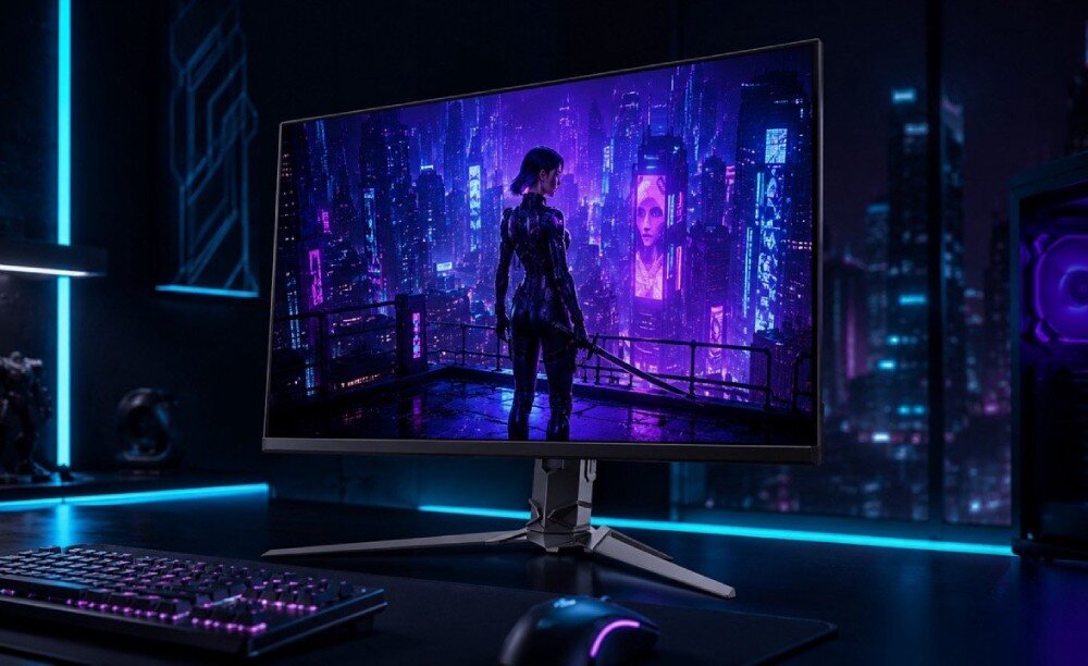 Monitor ACER Predator X32X5bmiiphuzx w ciemnym pokoju gamingowym pod kątem — na ekranie cyberpunkowa wojowniczka w fioletowo-niebieskiej scenerii miejskiej, z przodu klawiatura RGB, po prawej wieża PC i niebieskie oświetlenie LED
