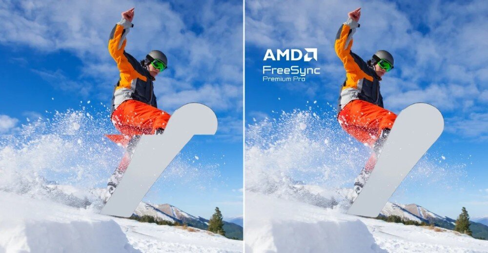 Monitor ACER Predator X32X5bmiiphuzx porównanie klatek z i bez FreeSync Premium Pro, snowboardzista w ruchu