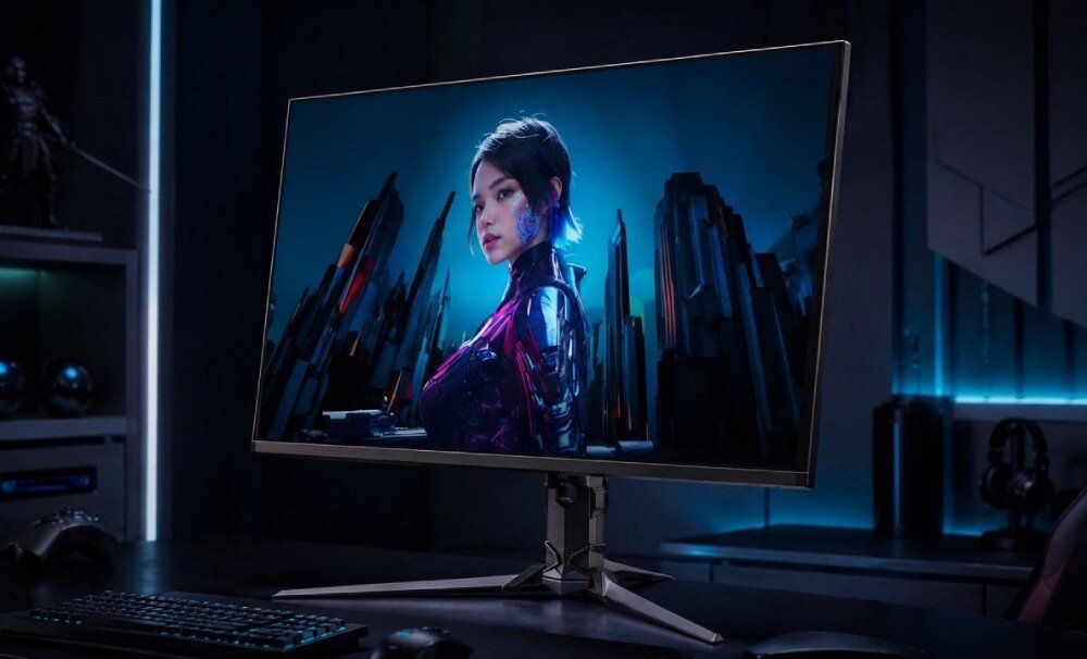Monitor ACER Predator X32X5bmiiphuzx w ciemnym pokoju gamingowym, ujęcie z lewej strony pod kątem — na ekranie cyberpunkowa postać kobieca, widoczna podstawa ErgoStand, po lewej figurka wojownika na półce, po prawej słuchawki i niebieskie oświetlenie LED