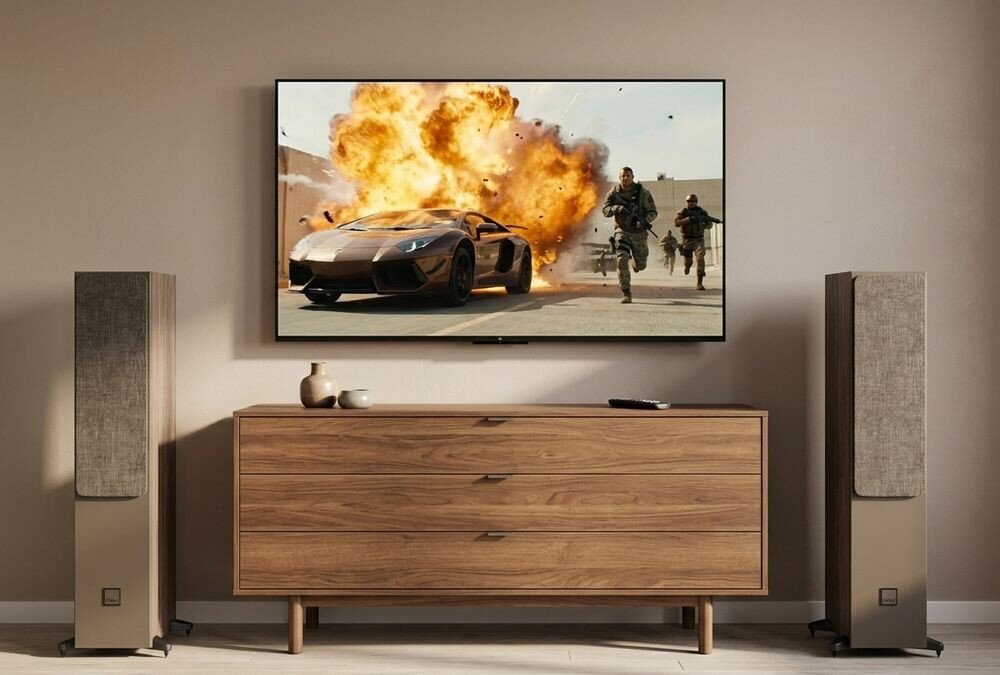 Kolumny podłogowe DALI Sonik 5 skuteczność 88 dB impedancja 6 ohm kompatybilność sprzęt audio, kolumny stojące obok komody nad telewizorem w pomieszczeniu