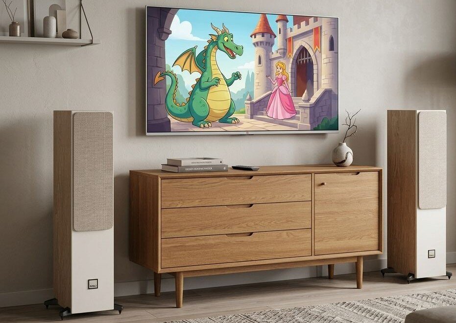 Kolumny podłogowe DALI Sonik 5 zestaw 2 kolumny stereo kino domowe zastosowanie, kolumny stojące obok komody nad telewizorem w pomieszczeniu