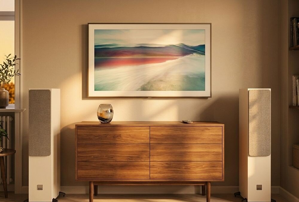 Kolumny podłogowe DALI Sonik 5 zestaw 2 kolumny stereo kino domowe zastosowanie, kolumny stojące obok komody nad telewizorem w pomieszczeniu