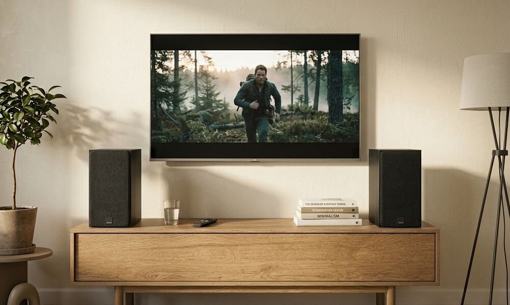 Podstawkowe kolumny głośnikowe DALI Sonik 3 7 calowy woofer mocniejszy bas dynamika, kolumny stojące na komodzie pod wiszącym telewizorem w pomieszczeniu