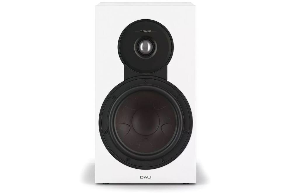 Podstawkowe kolumny głośnikowe DALI Sonik 3 zestaw 2 sztuki maskownice podkładki zastosowanie stereo kino, kolumna od frontu na białym tle