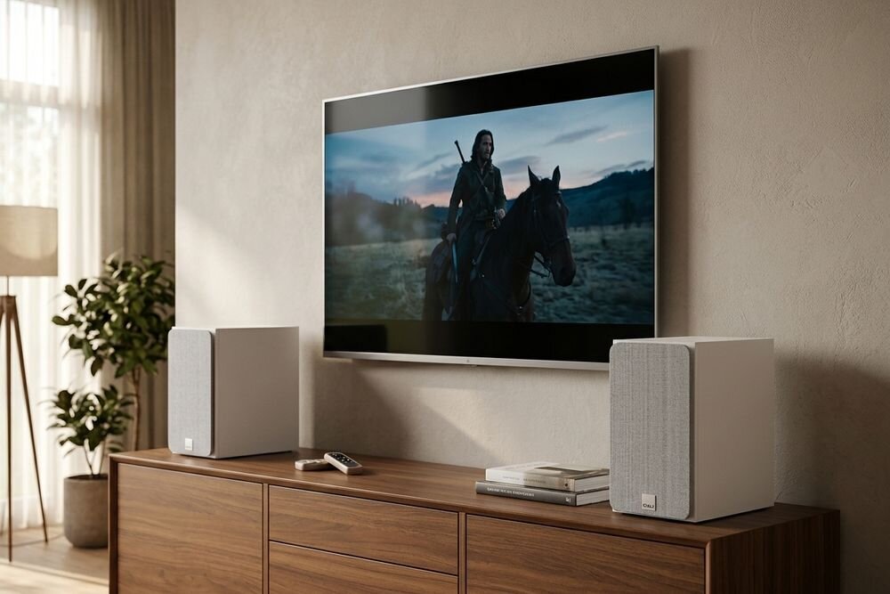 Podstawkowe kolumny głośnikowe DALI Sonik 3 7 calowy woofer mocniejszy bas dynamika, kolumny stojące na komodzie pod wiszącym telewizorem w pomieszczeniu