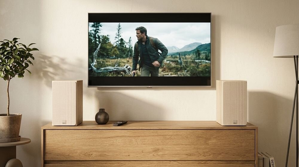 Podstawkowe kolumny głośnikowe DALI Sonik 3 smukła konstrukcja mocne brzmienie stereo, kolumny stojące na komodzie pod wiszącym telewizorem w pomieszczeniu