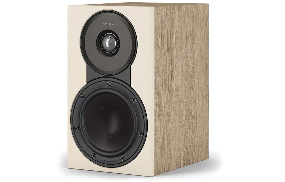 DALI Sonik 1 zastosowanie stereo kino domowe kolumny frontowe ustawienie stand ściana, kolumna po skosie na białym tle