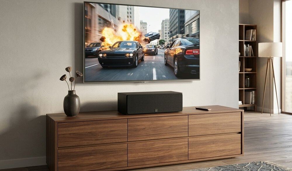 Na drewnianej szafce stoi czarny głośnik centralny z widocznym logo. Na ścianie powyżej wisi telewizor, na którym wyświetlana jest scena z filmu akcji z samochodami i eksplozją.