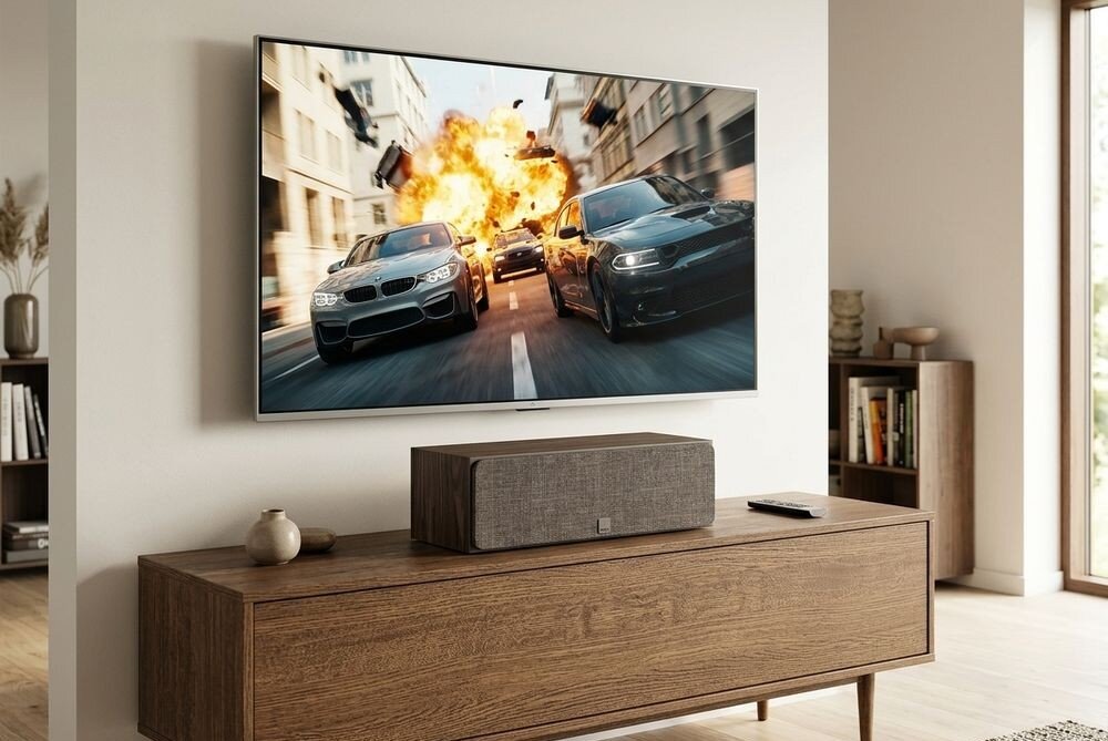 Na drewnianej szafce stoi głośnik centralny w kolorze czarnym, a nad nim wisi telewizor wyświetlający scenę z wyścigiem samochodowym i eksplozją. W tle widoczne są półki z książkami i dekoracje.