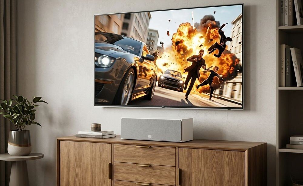 Na drewnianej szafce stoi głośnik centralny w kolorze czarnym. Na ścianie powyżej wisi telewizor z dynamiczną sceną akcji z samochodami i eksplozją.