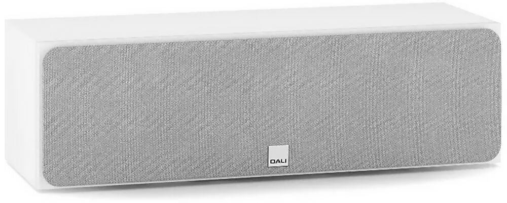 Prostokątny głośnik centralny w kolorze czarnym z szarą maskownicą. Na maskownicy widoczne jest logo \'DALI\'.