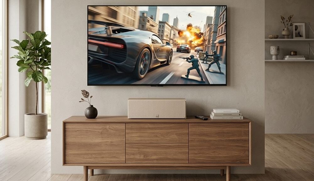 Głośnik centralny DALI Sonik Cinema kino domowe czysty dialog elastyczne ustawienie, kolumna głośnikowa stojąca na komodzie pod zawieszonym telewizorem w pomieszczeniu