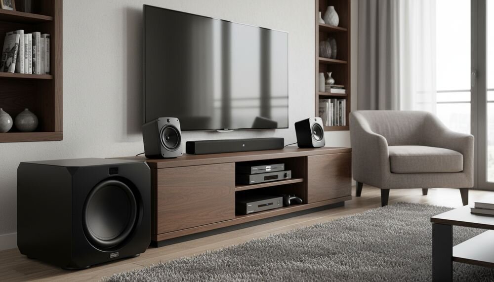 MAGNAT Omega CS 12 subwoofer aktywny do kina domowego, głęboki bas i elegancka obudowa, subwoofer stojący w pomieszczeniu